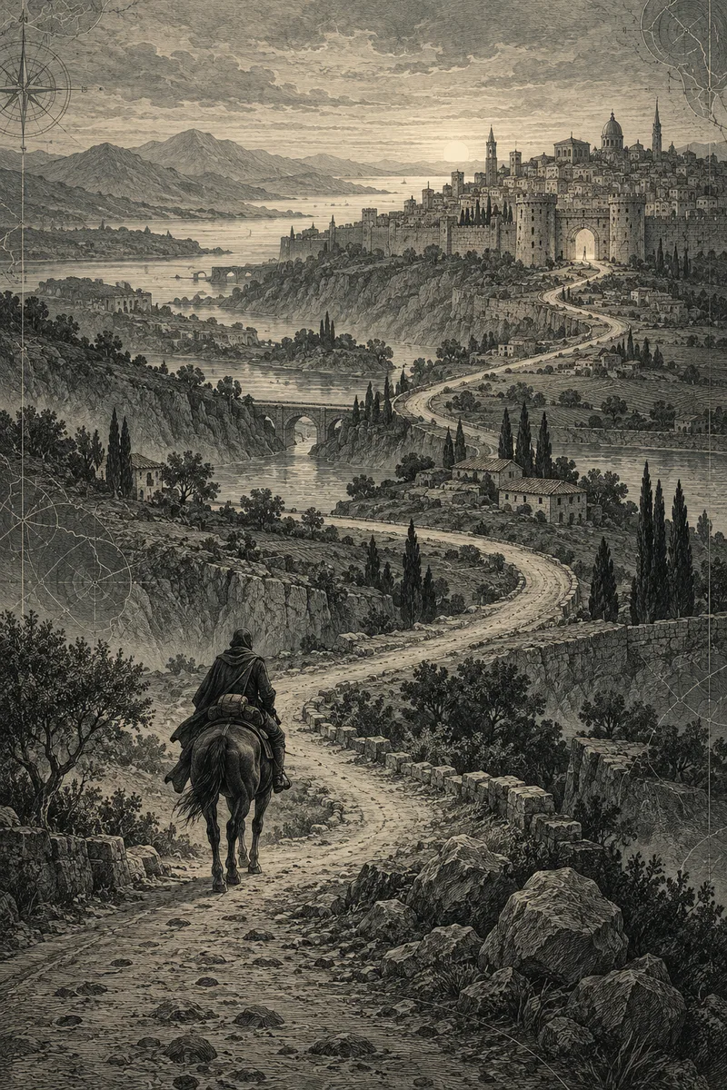 Ilustração de um arauto a caminho de uma cidade, levando uma mensagem ao destino.